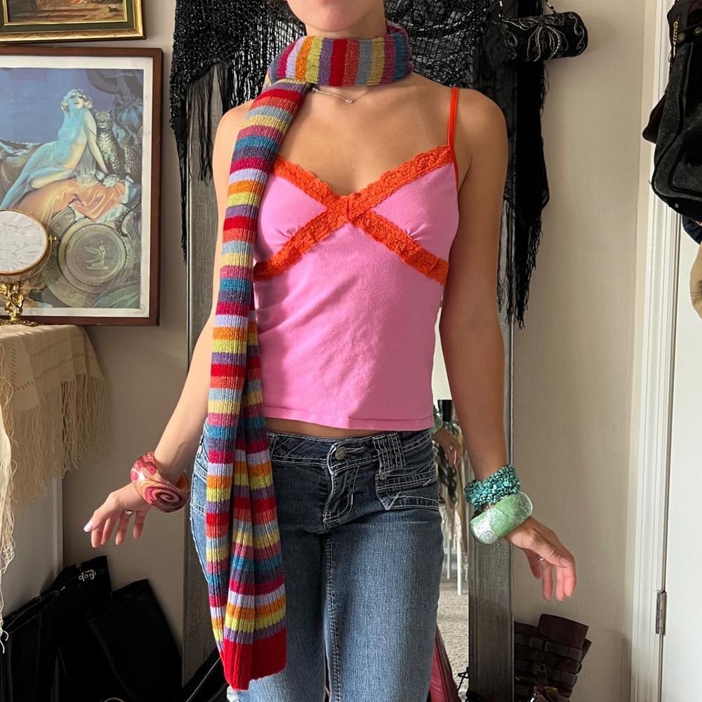 Victoria Secret PINK Vintage Y2K Hot Pink Cami Top Orange Lace Trim Medium
